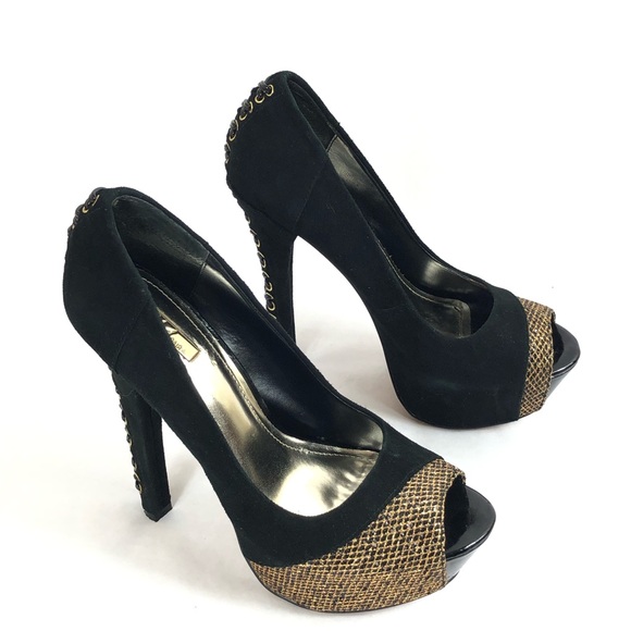 Wild Pair Suede Gold Mesh Peep Toe Heels Size 7.5 - Picture 4 of 15